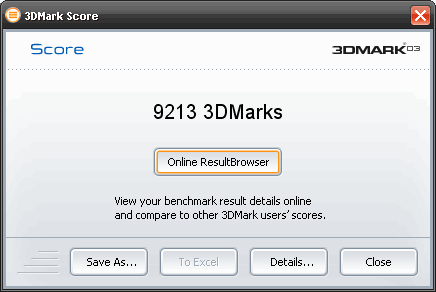Rsultats 3DMark2003. Score global : 9213 points.