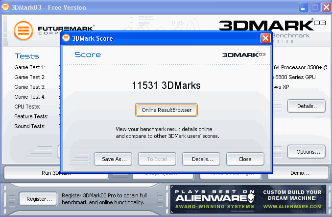 Rsultat 3DMark2003 avec pilotes officiels WHQL 81.85: 11531 points