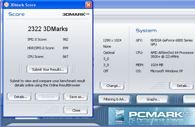Rsultats 3DMark2006. Score global : 2322 points. SM2.0 Score : 982. HDR/SM3.0 Score : 899. CPU Score : 867